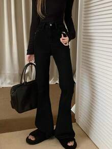 2025春夏复古新款女式长款休闲喇叭牛仔裤 - 黑色 - 查看 4