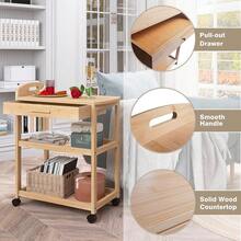 Kitchen Island Cart On Wheels With Storage Drawer & Shelves, Bamboo 3-Tier Rolling Utility Serving Rack With Solid Wood Countertop & Lockable Casters (Natural) - 1 - View 7