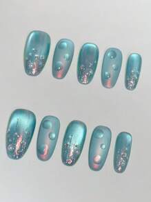 10pcs Blue Laser Holographic Waterdrop Cat Eye Nail Stickers, Handmade High-End Elegant Aurora Display Nail Art Decals