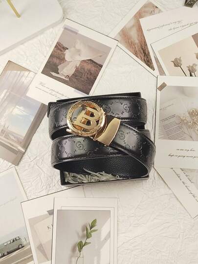 1pc Men's Letter Alloy Automatic Buckle Belt, Genuine Leather Material, Minimalist Printed Belt, 120cm Adjustable Length, Suitable For Office, Party, Gift For Boyfriend And Father