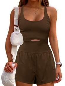 女士时尚瑜伽短裤，镂空交叉后背宽松舒适健身无袖连体裤 - 棕色 - 查看 2