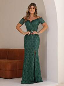 Long Off-The-Shoulder Party Dress In Shiny Lace - Army Green - View 3
