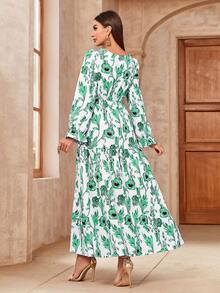 Vestido largo de mujer de manga larga con estampado floral azul elegante, con volantes en los puños, vestido tipo A, modesto, tipo abaya, tipo kaftán, tipo jalab, vestido árabe de verano - Verde - Ver 2