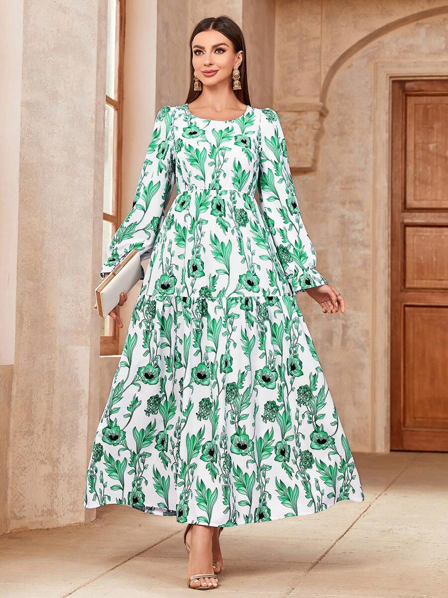 Vestido largo de mujer de manga larga con estampado floral azul elegante, con volantes en los puños, vestido tipo A, modesto, tipo abaya, tipo kaftán, tipo jalab, vestido árabe de verano - Verde - Ver 1