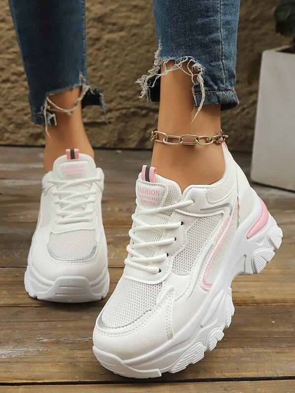 كعب خفي أحذية رياضية كتلية للنساء، أحذية كاجوال بيضاء سميكة السُّمك للخريف والربيع مضادة للماء