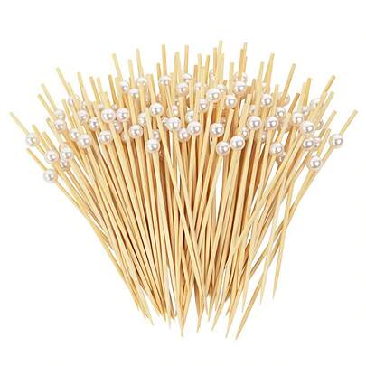 200/100/50/20pcs White Pearl Bamboo Skewers, Vegetable & Fruit Forks, Appetizer Toothpicks, Fruit Picks, Decorative Sticks, Food Picks, Sandwich & Burger Forks, Party Supplies, Suitable For Birthday Party, Wedding Decoration, Graduation Party, Back To School Season