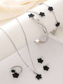 Set de 6 piezas de joyas estilo coreano con flores de la suerte, incluyendo aretes, collar, pulsera y anillo. Conjunto de joyas de moda adecuado para el Día de San Valentín, uso diario y regalos de festivales.