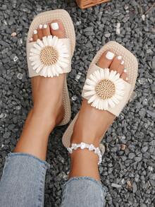 女士 2025 新款休闲舒适时尚百搭性感露趾向日葵绳方头凉鞋，适合度假、海滩、游泳池，防滑、耐用平底拖鞋 - 白色 - 查看 1