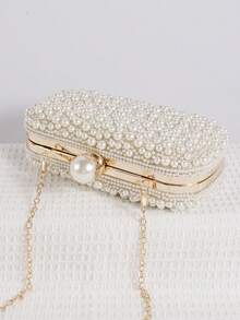 Mini Reversible Faux Pearl Beaded Clutch Bag Handbag With Shoulder Strap, Party Bags,Perfect For Party Wedding Prom Dinner/Banquet Matching With Holiday Party Dress Evening Dress & Sequin Dress , New Year ,Wedding , Wedding - Beige - View 5