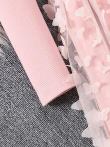 可爱粉色露肩长袖网眼女童连衣裙，适合春夏秋季休闲装 - 粉色 - 查看 9