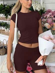 2pcs/Set Casual Solid Color Short Sleeve T-Shirt And Shorts, Spring And Summer Workout Crop Tops - Coffee Brown - View 4