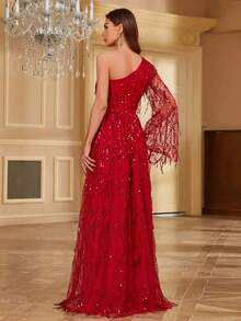 Women's Lantern Sleeve Sequin Side Slit Hem Luxurious Party Dress, Suitable For Party Occasions