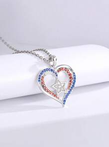 1pc U.S. July 4th Independence Day Women's Rhinestone Heart Flag Pendant Necklace, Elegant & Fashionable Charm Choker Necklace