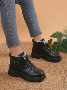 New Round Toe Lace-Up Patchwork Solid Color Fashionable Versatile Urban Outdoor Campus Style Women Casual High-Top Sneakers - Black - View 1