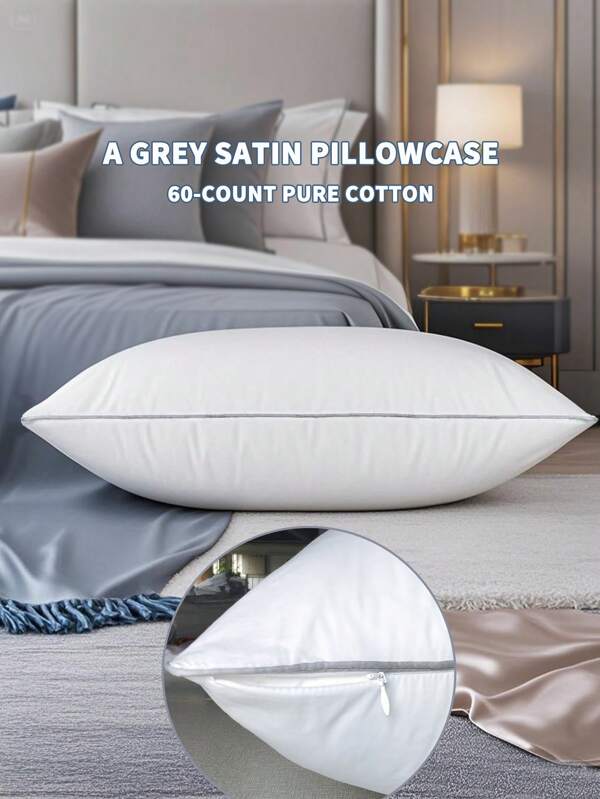 duoxia 1pc 600TC Cotton Satin Pillowcase, Super Soft Hotel Quality Pillow Protector With Hidden Zipper, 4-Sided Piping, 3D Embroidery, For Bed/Sofa Pillows, 20"X30" 20"X26", Style A With White Piping, Style B With Gray Piping (Pillow Insert Not Included)
