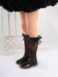 2 Cặp tất lưới Jacquard ren nơ trái tim dễ thương cho bé gái/trẻ mới biết đi, thích hợp cho bé gái vào mùa hè - màu đen - Xem 4