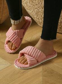 Women's Criss-Cross Open Toe Slippers, Comfortable & Fashionable Fluffy Indoor Slippers With EVA Sole And Coral Fleece Material, Suitable For Parties, Home, And Vacation, All Seasons
