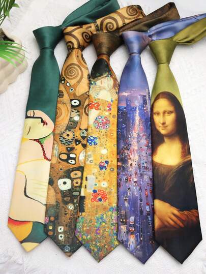 1pc Oil Painting Print Casual Handmade Necktie, Suitable For Street Style And Everyday Wear For Dress For Christmas Decor