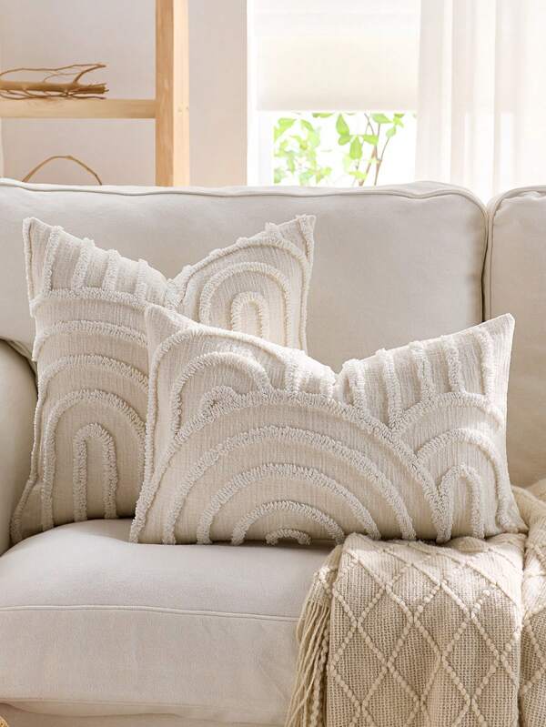 1pc/2pcs Set Semi-Circle Geometric Pattern Pillow Case, Canvas Circle Velvet Embroidery Crafted Square Cushion Cover, For Daily Use In Bedroom, Living Room, Sofa, Yard, Garden Decor, Without Core 30*50cm 45*45cm,Fall Decor,Autumn Decor,Room Decor