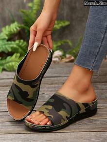 Women Summer Camouflage Platform Wedge Thick Strap Sandals, Tie-Dye Camo Pattern Beach Casual Outdoor Holiday Asymmetric/Asymmetrical, Suitable For Mother's Day, Daily Commute, Beach, Wedding, Party, Office, Home And Outdoor, All Season Slippers - Army Green - View 7
