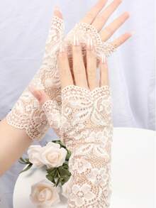 1對女性的花邊半指蕾絲性感優雅手套 - 彩色 - 查看 11