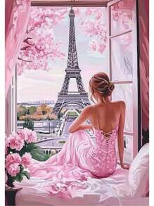 1PC Paris Eiffel Tower Diamond Art Painting Kits Crafts Pink Spring Flowers Dreamy Fantasy Blossom Scenery Pretty Women Embroidery Mosaic Cross Stitch Rhinestone 5D DIY Picture Sets Home Room Bathroom Wall Decor Gift