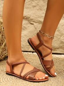 Girl's New Elegant Casual Handmade Woven Plain Crossed Strap Flat Sandals, Suitable For Beach, Vacation, Spring & Summer Trip, Available In Chic White, Cool Black, And Warm Brown