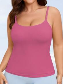 Women's Plus Size Casual Striped Tank Top With Round Neckline, High Elasticity, Knit Fabric, Pullover Style, With Bralette And Cup Inserts, All-Season Comfort