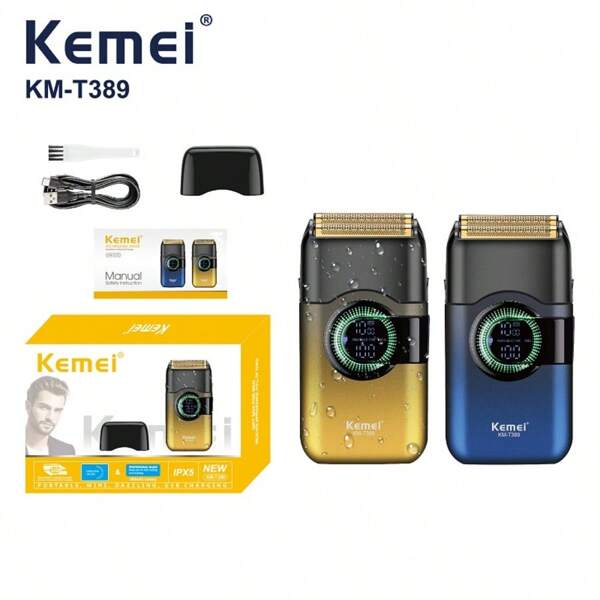 Kemei Afeitadora eléctrica para hombres KM-T389, afeitadoras eléctricas de lámina para hombres con 2 cabezales flotantes, afeitadora eléctrica húmeda y seca con IPX7 a prueba de agua, afeitadora rotativa para hombre con pantalla LED, recortadora de barba, recargable y inalámbrica con USB Tipo C