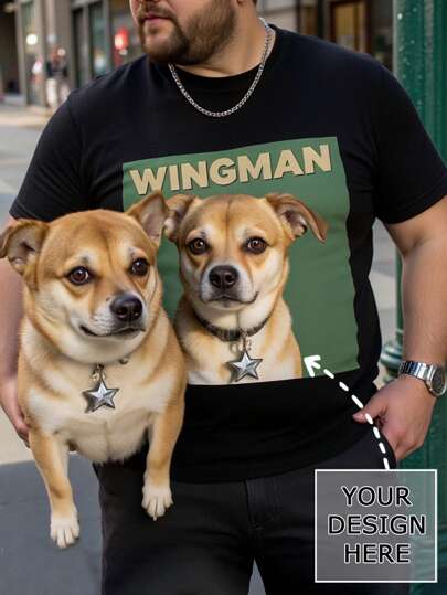 Customizable Pet Photo Printed Plus Size T-Shirt For Men, Plus Size Men's Wear Customization, Summer Loose Fit Plus Size T-Shirt Customization, Upload Your Own Photo/Pet Photo/Friend Photo, Seasonal/Birthday/Father's Day/Valentine's Day Customized, Team/Outdoor Wear Customization, Personalized Text Round Neck Loose Fit Plus Size Short Sleeve T-Shirt For Men, Holiday/Birthday Gift Customized, Plus Size Men's T-Shirt, Customized T-Shirt Text, Summer Plus Size Tops For Men