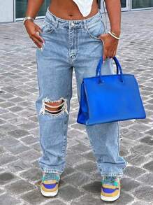 Plus Size Women Y2k Knee Hole Slim Straight Tapered Jeans Mom Denim Pants