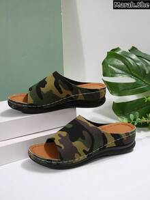 Women Summer Camouflage Platform Wedge Thick Strap Sandals, Tie-Dye Camo Pattern Beach Casual Outdoor Holiday Asymmetric/Asymmetrical, Suitable For Mother's Day, Daily Commute, Beach, Wedding, Party, Office, Home And Outdoor, All Season Slippers - Army Green - View 5