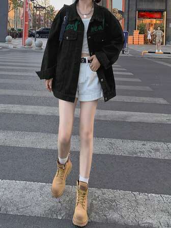Black Embroidered Denim Jacket, Loose Fit Casual Outerwear, Spring/Autumn Korean Style