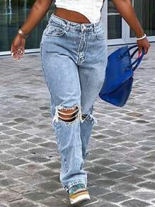 Plus Size Women Y2k Knee Hole Slim Straight Tapered Jeans Mom Denim Pants