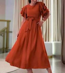 Duna Women's Long Midi Dress In Linen With Ruffle Sleeves And Belt - Terracotta - View 1