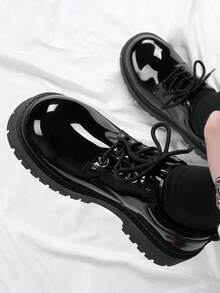 男士复古圆头厚底正装鞋，系带亮面正式牛津鞋，英伦风格婚礼派对时尚增高休闲皮鞋 - 黑色 - 查看 6