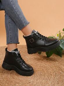 New Round Toe Lace-Up Patchwork Solid Color Fashionable Versatile Urban Outdoor Campus Style Women Casual High-Top Sneakers - Black - View 14