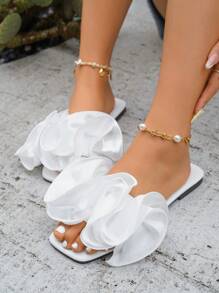 New Women's Black Casual Party & Beach Ruched Flower Decor Flat Slide Sandals, Outdoor Comfortable Versatile Square Toe Soft Flat Slippers