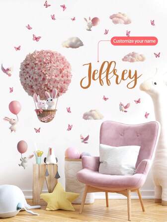 Custom Wall Stickers, Customizable Name,Rabbits, Birds, Flowers, Hot Air Balloons Wall Decals - PVC Self-Adhesive Removable Wall Stickers For Nursery, Kids' Room, Playroom, Or Classroom – Cute & Creative Wall Decor For Any Space