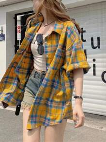 1 件女士休闲格子涤纶纽扣口袋户外格子百搭衬衫，夏季日常穿着