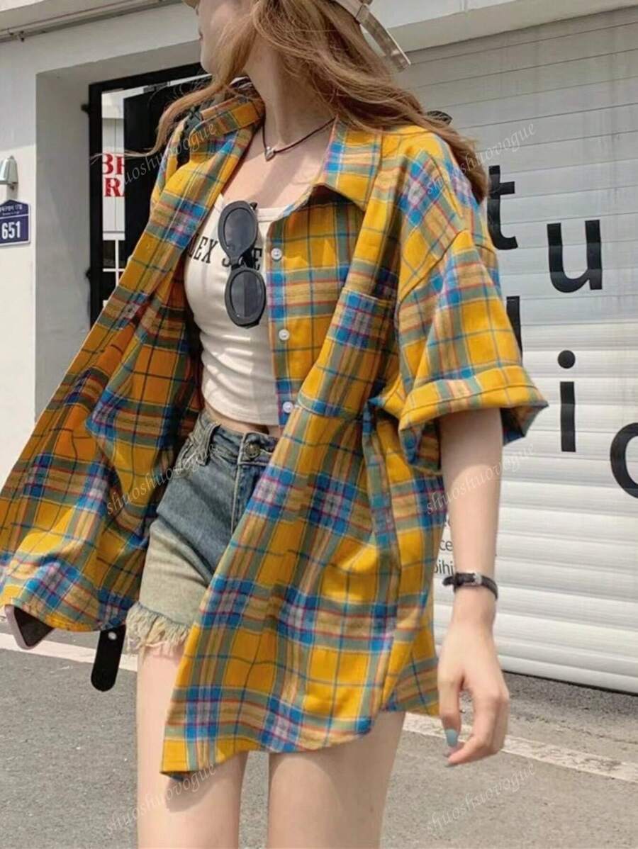 1 件女士休闲格子涤纶纽扣口袋户外格子百搭衬衫，夏季日常穿着