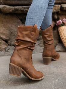 Ruched Women's Ankle Boots, Western Style High Heel Boots, Chunky Heel, Versatile