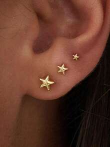 Bộ 3 khuyên tai đinh tán phẳng nhỏ xinh cho nữ màu vàng không gây dị ứng dễ thương Bộ khuyên tai vít phẳng nhỏ đeo hàng ngày hình bướm, ngôi sao, mặt trăng, thánh giá, ngọc trai, bộ khuyên tai zirconia - Vàng - Xem 2