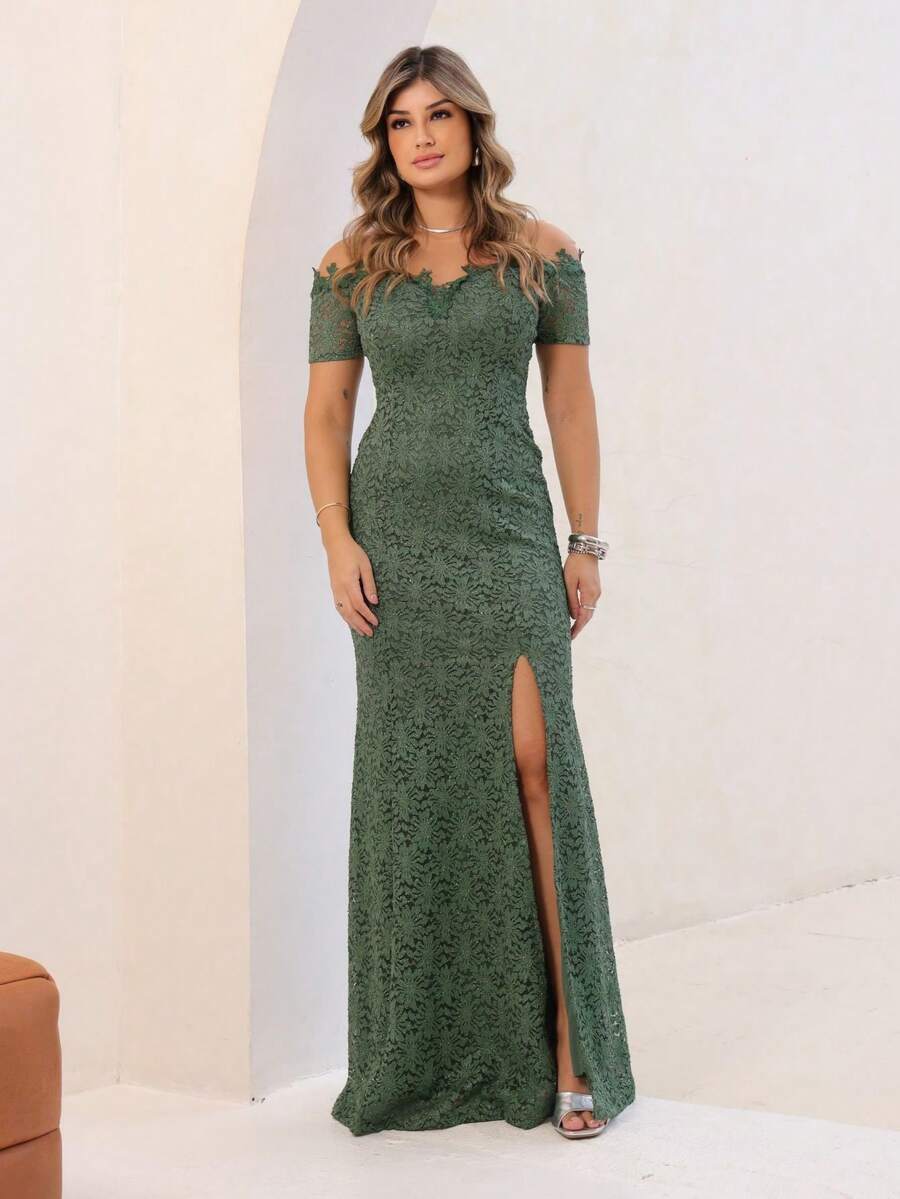 Long Off-The-Shoulder Party Dress In Shiny Lace - Olive Green - View 1