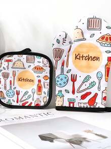 2 件套耐热烤箱手套和隔热垫套装，卡通蛋糕印花微波炉手套，双层加厚隔热手套和隔热垫，适合感恩节假期聚会、家庭厨房烹饪、微波炉、烤箱使用