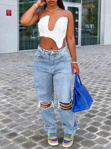 Plus Size Women Y2k Knee Hole Slim Straight Tapered Jeans Mom Denim Pants