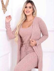 Conjunto De Frio De Lãzinha - Conjunto 3 Peças Cardigam Alongado + Regata + Calça Jogger Com Cós Ajujstável E Bolsos Kimono Cardigan Moltetom Inverno Estiloso