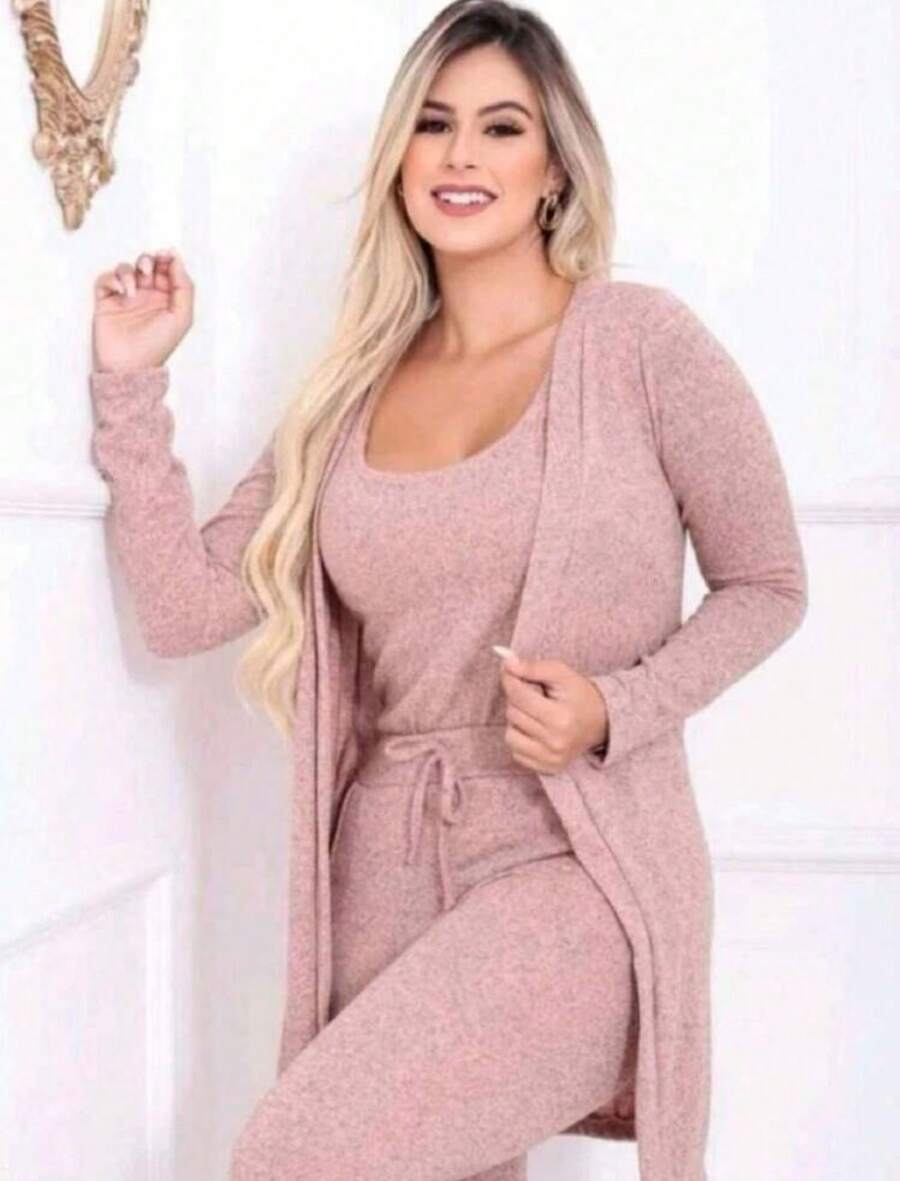 Conjunto De Frio De Lãzinha - Conjunto 3 Peças Cardigam Alongado + Regata + Calça Jogger Com Cós Ajujstável E Bolsos Kimono Cardigan Moltetom Inverno Estiloso