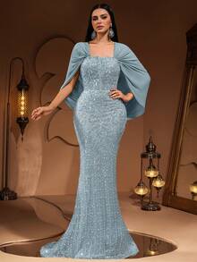 新款时尚高端优雅奢华亮片蕾丝拼接雪纺披肩袖女士美人鱼尾长裙，正式晚礼服，适合宴会、派对、红毯、婚礼宾客、新娘、情人节等场合。 - 淺藍色 - 查看 2