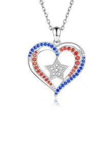 1pc U.S. July 4th Independence Day Women's Rhinestone Heart Flag Pendant Necklace, Elegant & Fashionable Charm Choker Necklace